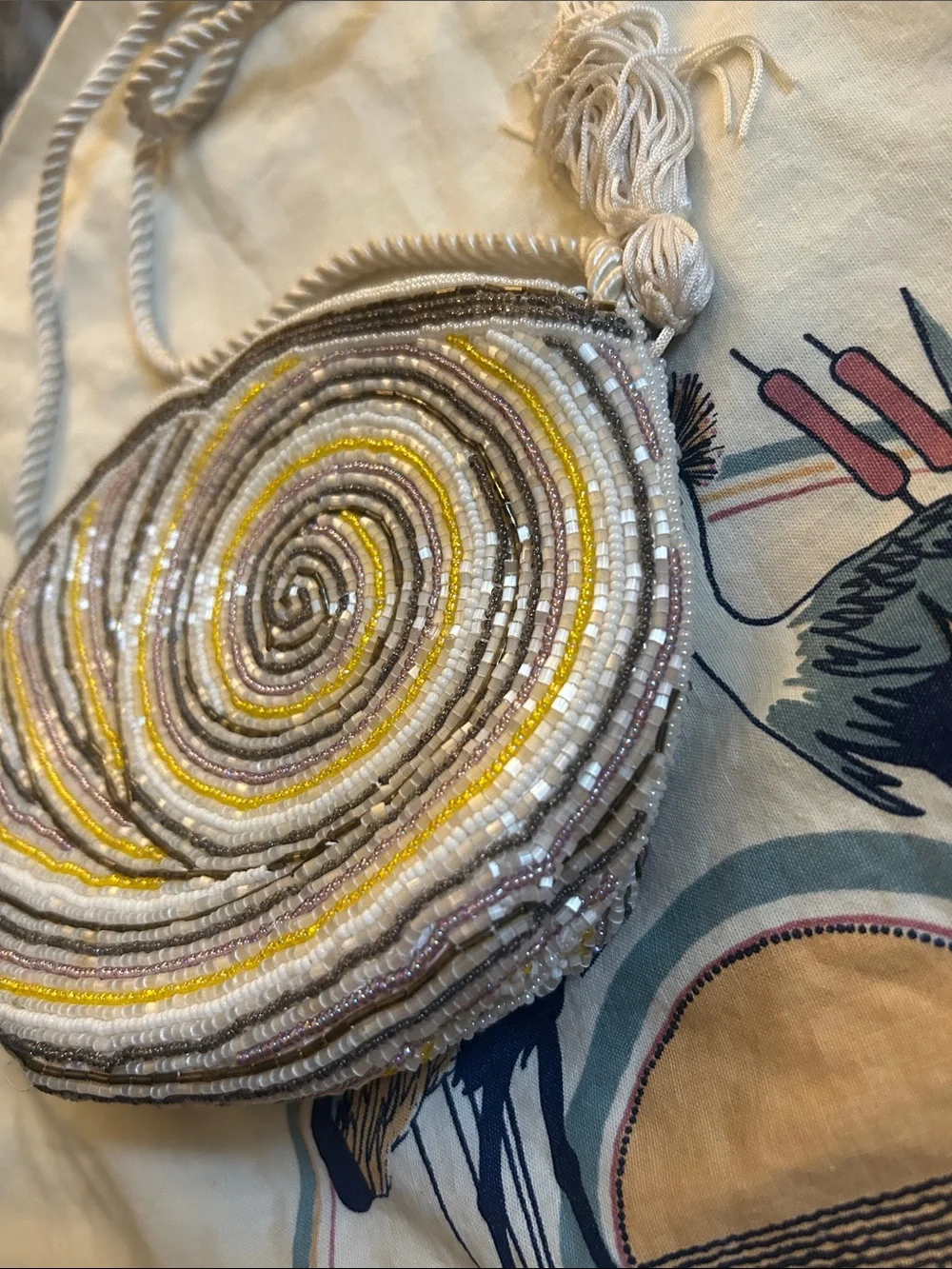 Vintage Jerome Beaded 90’s Nautilus  Crossbody Bag in Lavender,White and Yellow